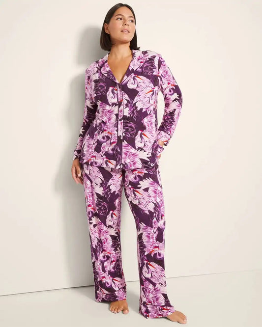 Long-Sleeve Printed Notch Collar Pajama Top