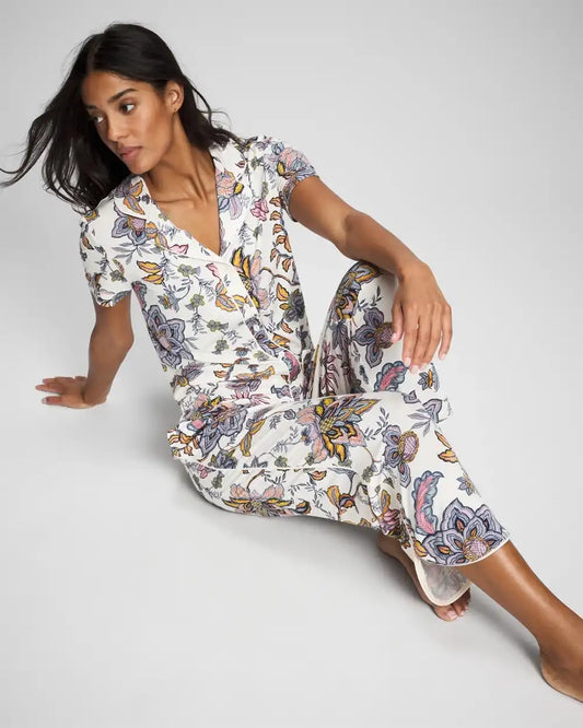 Piped Short Sleeve Notch Collar Pajama Top