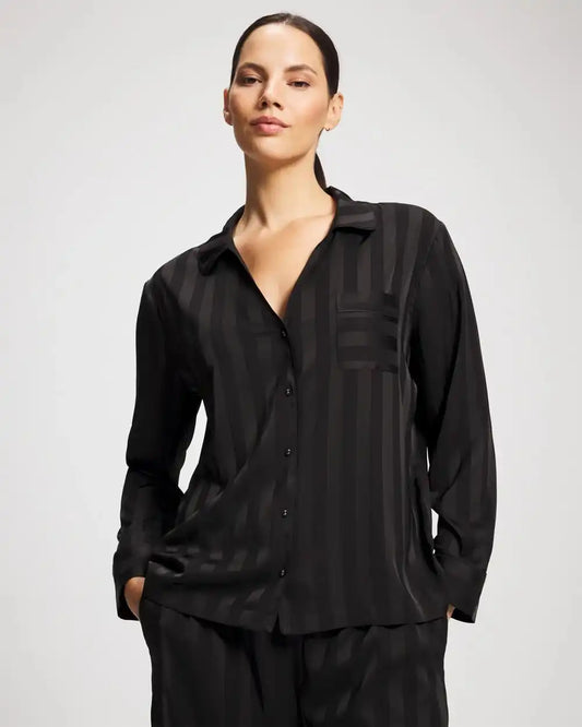 Shadow Stripe Long Sleeve Pajama Notch Collar Top