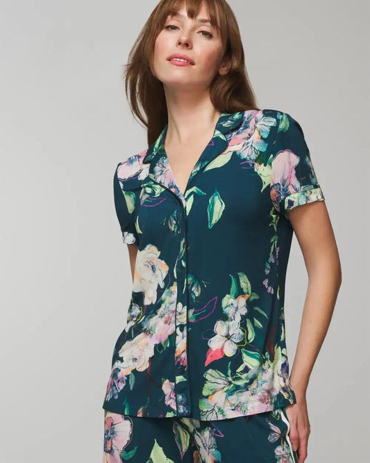 Piped Short Sleeve Notch Collar Pajama Top
