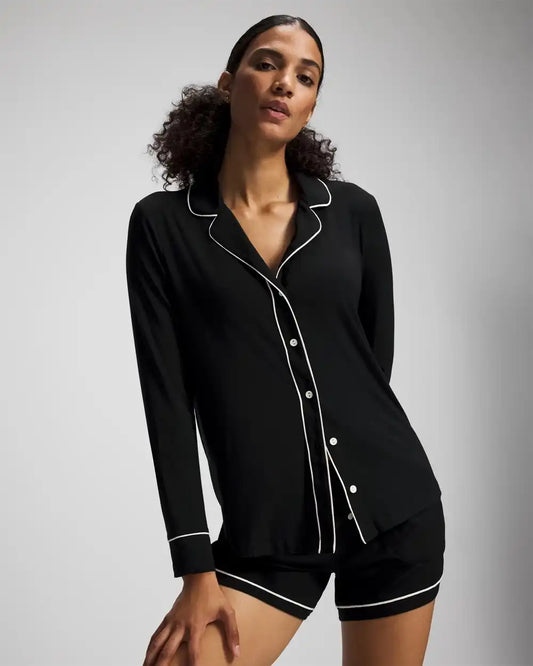 Long-Sleeve Notch Collar Pajama Top