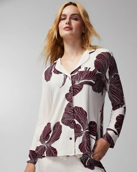Long-Sleeve Notch Collar Pajama Top