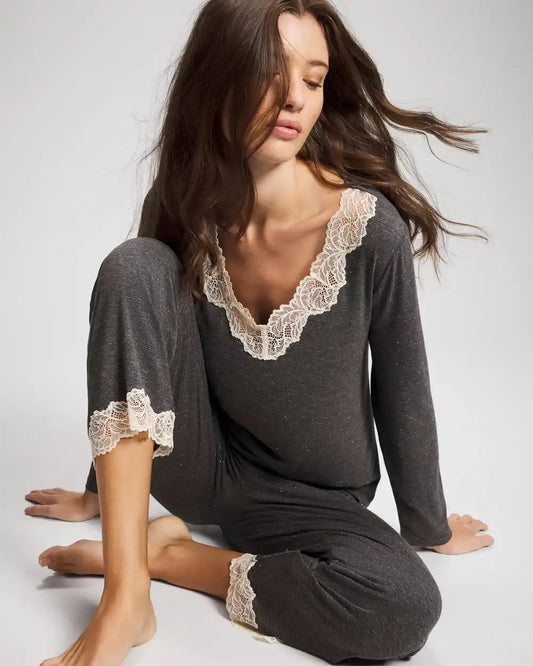Lace Trim Long Sleeve Pajama Top