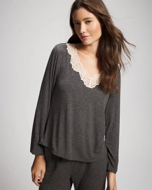 Lace Trim Long Sleeve Pajama Top