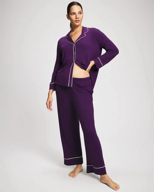 Long Sleeve Notch Collar w/ Piped Placket Pajama Top