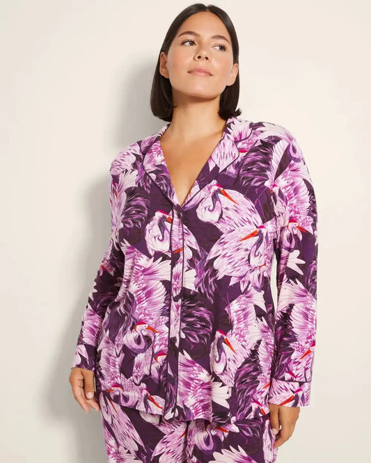 Long-Sleeve Printed Notch Collar Pajama Top