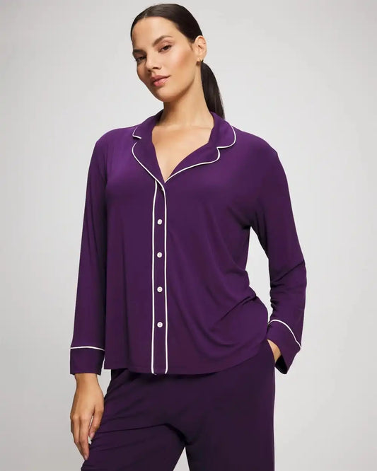 Long Sleeve Notch Collar w/ Piped Placket Pajama Top