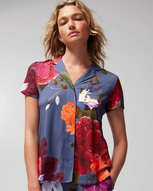 Short-Sleeve Notch Collar Pajama Top
